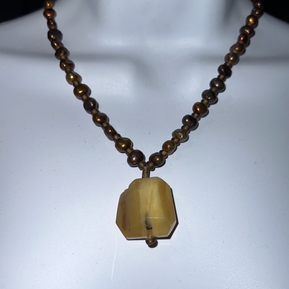 Fresh Water Pearls & Faceted Yellow Agate Pendant Necklace 925 Hook Closure - Picture 6 of 10